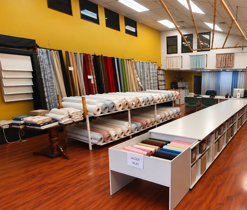 Sala de ventas de Sabicort con rollos de telas